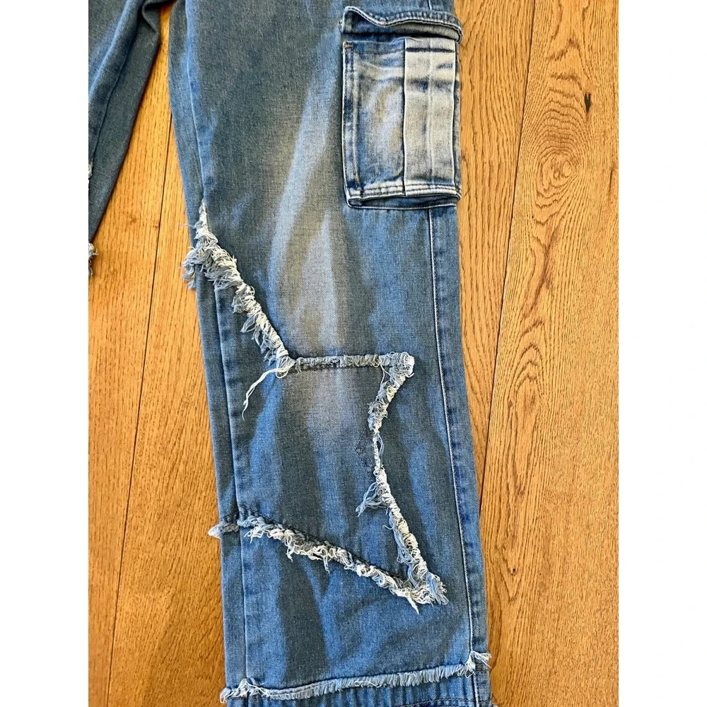 YASUYUAN Men's Blue Wide-Leg Denim Jeans Distressed Fringe Cotton Polyester 30 - Picture 2 of 15